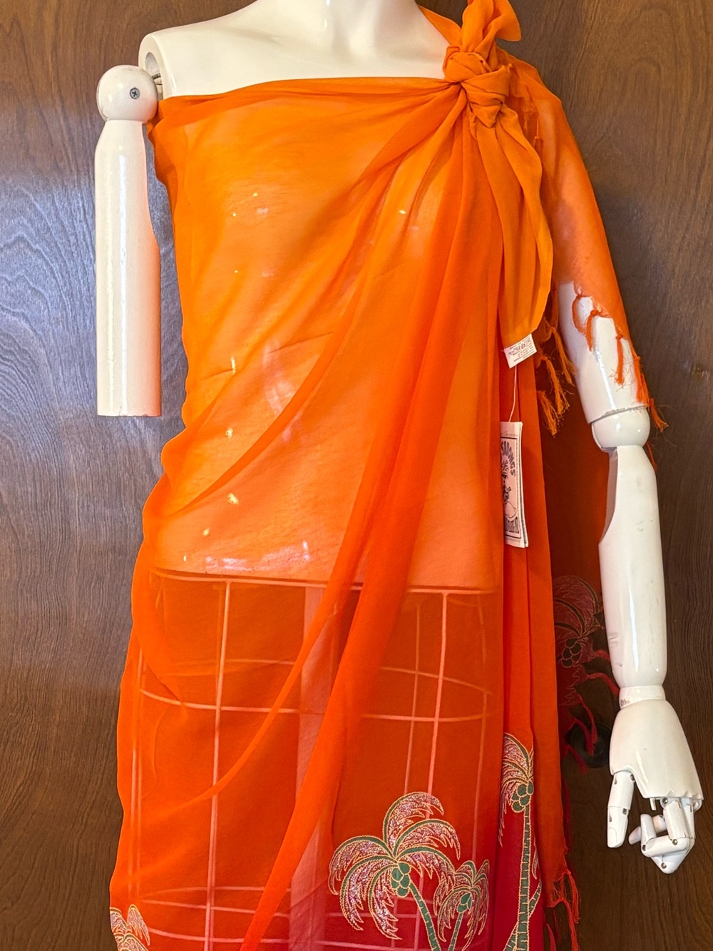 Vibrant Orange Sheer Wrap Dress with Embroidered Palms
